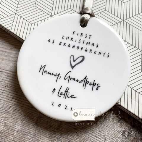 Personalised First Christmas as Grandparents Monochrome Heart Ceramic Round Decoration Ornament Keepsake
