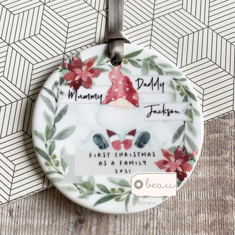 Personalised Christmas as A Family Santa Gnome Signpost Ceramic Round Christmas Decoration Ornament