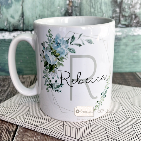 Personalised Name and Initial Mug with Pale Blue Greenery Detail