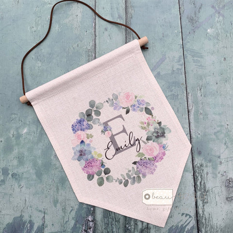 Personalised Name and Initial ... Lilac Floral Design Hanging Pennant Flag