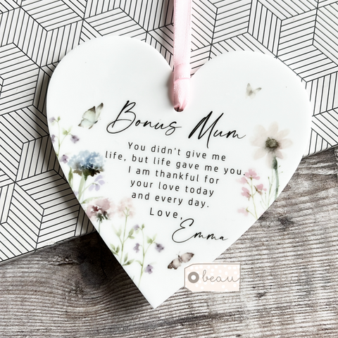 Personalised Bonus mum Step mum mom mummy gift You didn’t give me life.... lilac pink Floral Design Acrylic heart Keepsake