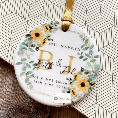 Personalised Just Married Mr & Mrs Wedding Sunflower Floral Greenery Ceramic Keepsake