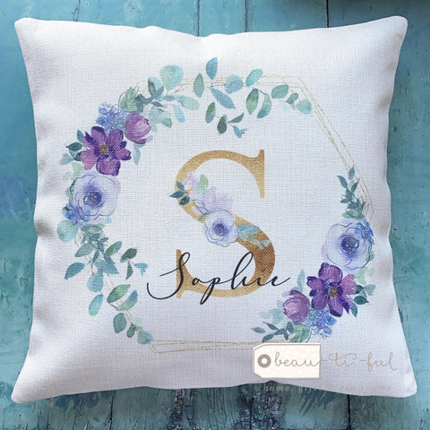 Personalised Name and Initial Purple Lilac Greenery Floral Wreath Cushion