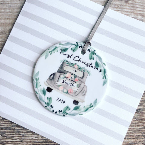 Personalised First Christmas as Mr & Mrs Wedding Car Ceramic Round Decoration Ornament Keepsake