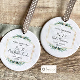Personalised First Christmas at Address New Home Marble Style Quote Botanical Ceramic Round Decoration Ornament Keepsake