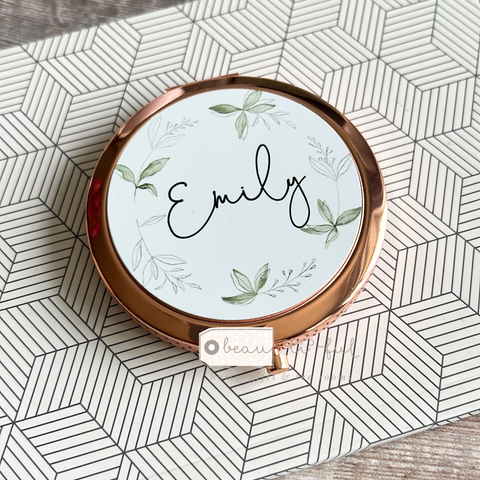 Personalised Initial and Name Greenery Wreath Rose Gold Silver Compact Mirror