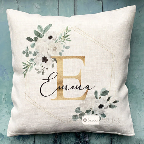 Personalised Name and Initial White Floral Wreath Cushion