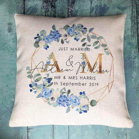 Personalised Just Married Initials Mr  Mrs Wedding Blue Floral Geometric Linen Style Cushion