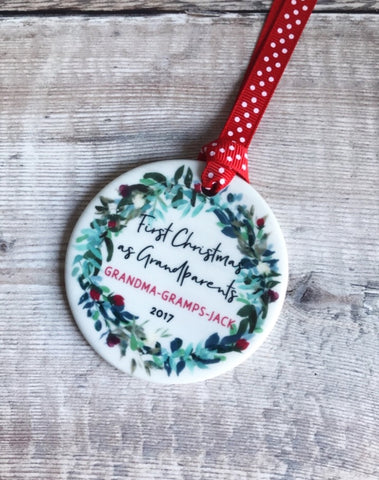 Personalised First Christmas as Grandparents Wreath Round Ceramic Tree Hanger Decoration Ornament
