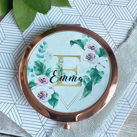 Personalised Initial and Name Pink Floral Greenery Round Rose Gold Compact