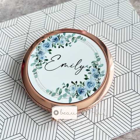 Personalised Initial and Name Pale Blue Greenery Design Compact Mirror