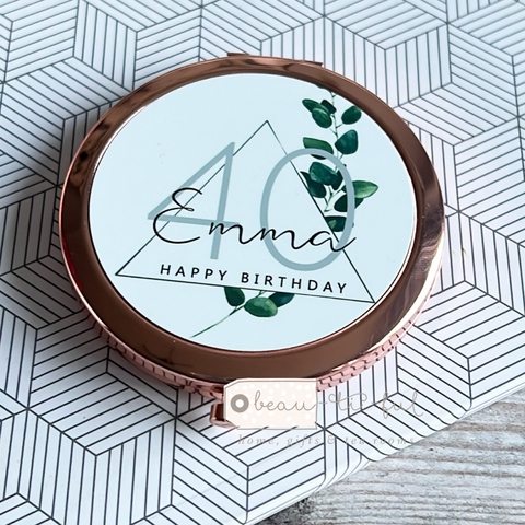 Personalised Birthday Age Name Modern Geometric Greenery Design Compact Mirror