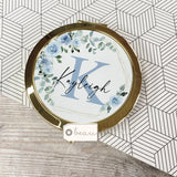 Personalised Name and Initial.. Pale Blue Greenery Design Linen style Make up Bag