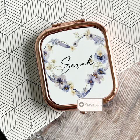 Personalised Initial and Name lilac Floral Design Rose Gold Compact Mirror