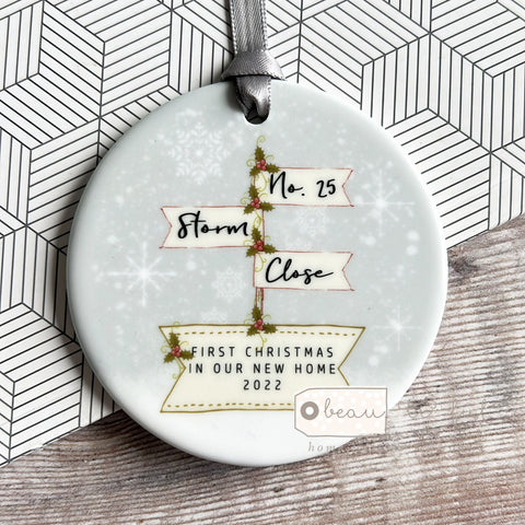 Personalised First Christmas In New Home with Address line Signpost Ceramic Round Christmas Decoration Ornament