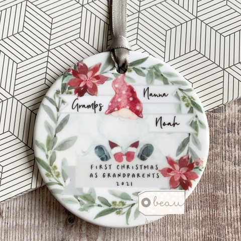 Personalised First Christmas as Grandparents Santa Gnome Signpost Ceramic Round Christmas Decoration Ornament