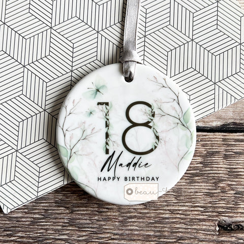 Personalised Happy Birthday 18th 21st 30th 40th .... Greenery design...Round Keepsake gift