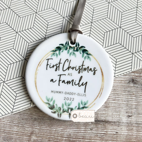 Personalised First Christmas as a Family Botanical Round Ceramic Tree Hanger Decoration Ornament