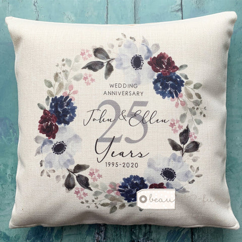 Personalised Mr Mrs Wedding Anniversary .. Floral Greenery Wreath Design Cushion