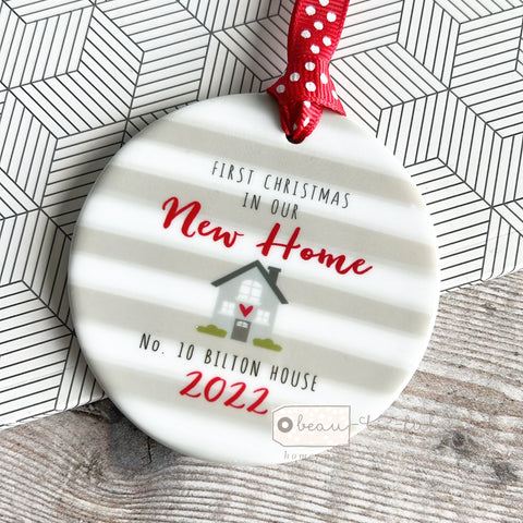 Personalised First Christmas in our New Home Stripe Round Ceramic Decoration