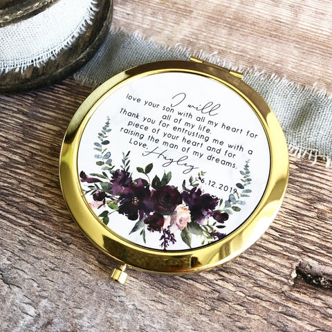 Personalised Mother of Groom Bride Thank you from Bride Groom Quote Burgundy Floral Rose Gold Compact Mirror