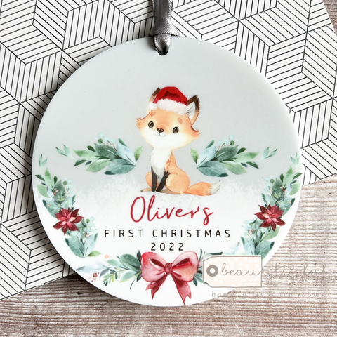 Personalised Baby Baby’s First Christmas Woodland fox Gift Boy Girl Acrylic or ceramic Round Decoration