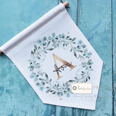 Personalised Name and Initial . Greenery Wreath Design Quote Linen Pennant