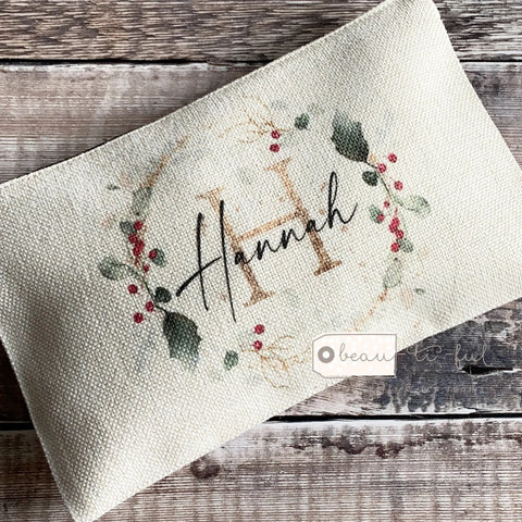 Personalised Name and Initial.. Holly Foliage Greenery Design Linen Style Make Up Bag
