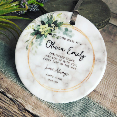 Personalised Christening Baptism Baby Girl Boy Botanical Ceramic Round Decoration Ornament Keepsake