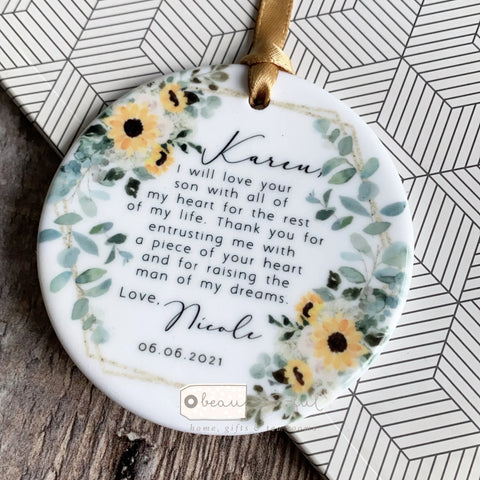 Personalised I will love your son daughter Thank you Mother of Bride Groom Quote Sunflower Wreath Ceramic Keepsake