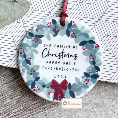 Personalised Family Christmas Traditional Wreath Greenery Ceramic Round Decoration
