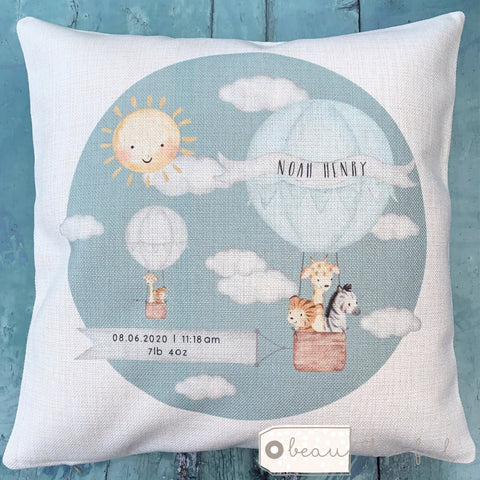 Personalised New Baby Boy Blue Grey... Cushion