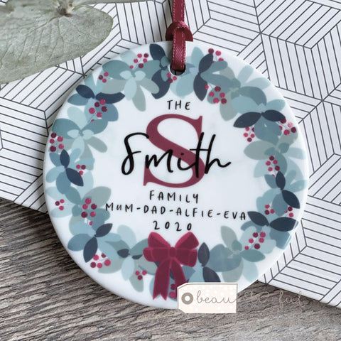 Personalised Family Name Initial Christmas Traditional Wreath Design Decoration