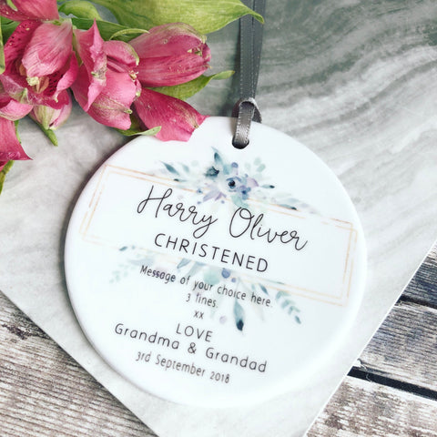 Personalised Christening Baptism Baby Decoration Blue Floral Botanical keepsake
