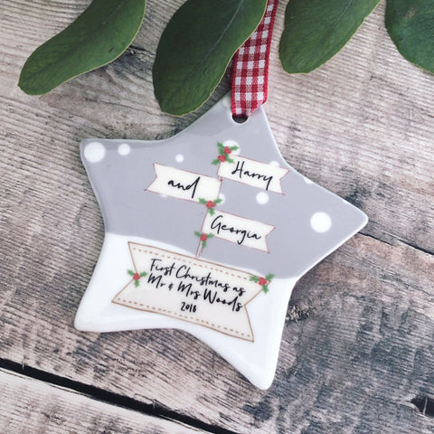 Personalised First Christmas as Mr & Mrs Signpost Ceramic Star Christmas Ceramic Decoration