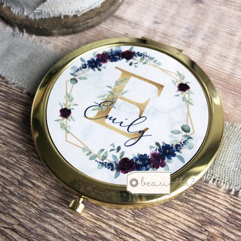 Personalised Initial and Name Navy Burgundy Floral Rose Gold Compact Mirror