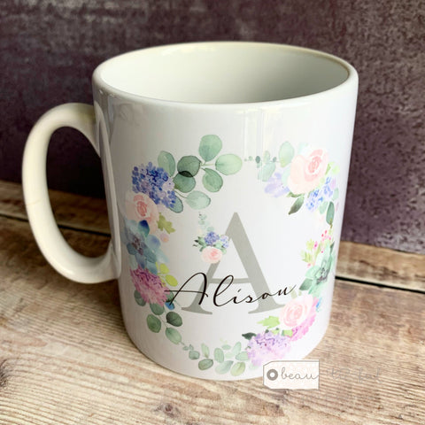 Personalised Name and Initial Lilac Floral Wreath Mug