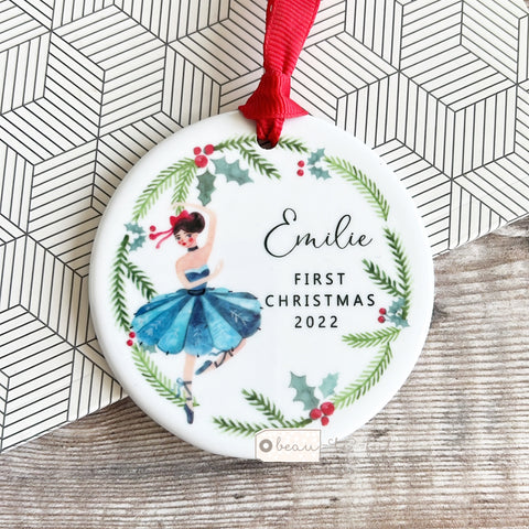 Personalised Baby’s First Christmas New Baby Boy Girl Newborn Nutcracker theme dancer Holly Wreath Greenery Ceramic Round Decoration