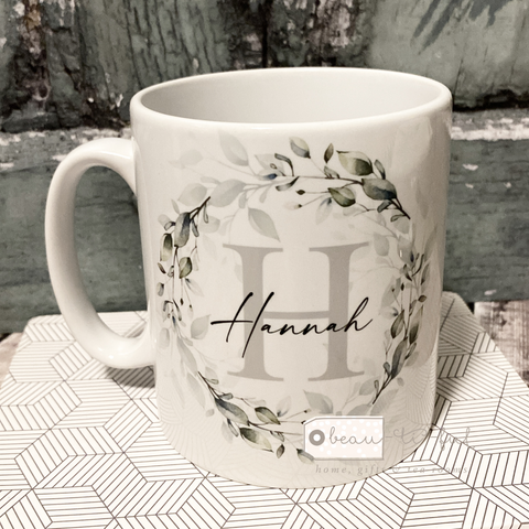 Personalised Name and Initial Mug with Greenery Eucalyptus Botanical Wreath Detail