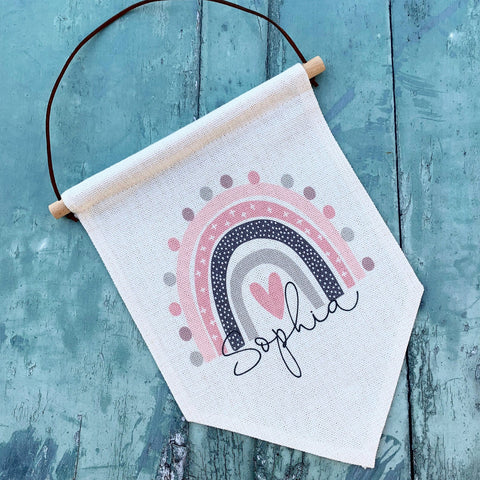 Personalised Name ... Pastel Pinks Rainbow Design Quote Linen Style Hanging Pennant