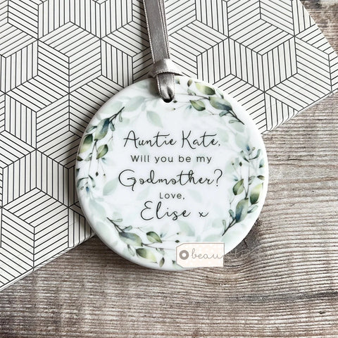 Personalised Will you be my Godfather Godmother Godparents Foliage Greenery Design Ceramic Keepsake