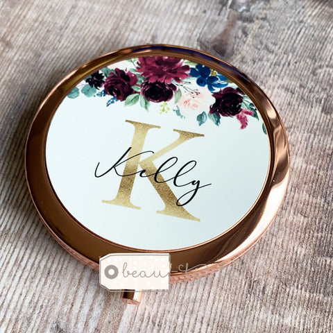 Personalised Initial and Name Burgundy Navy Floral Compact Mirror