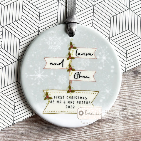 Personalised First Christmas as Mr & Mrs Signpost Ceramic Christmas Ceramic Decoration