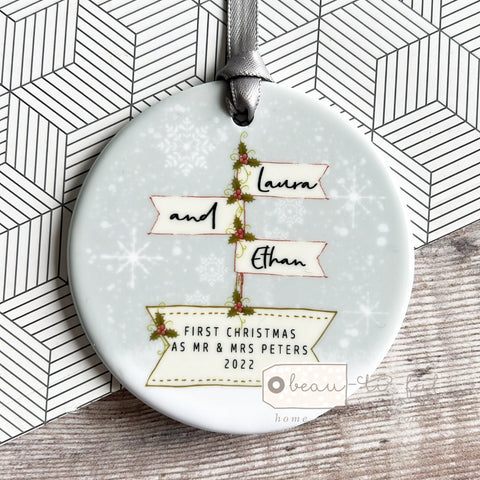 Personalised First Christmas as Mr & Mrs Signpost Ceramic Christmas Ceramic Decoration