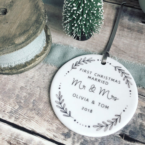 Personalised First Christmas Married Mr & Mrs Monochrome Wreath Ceramic Round Decoration Ornament Keepsake