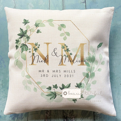 Personalised Just Married Mr Mrs Wedding Ivy Cushion cover