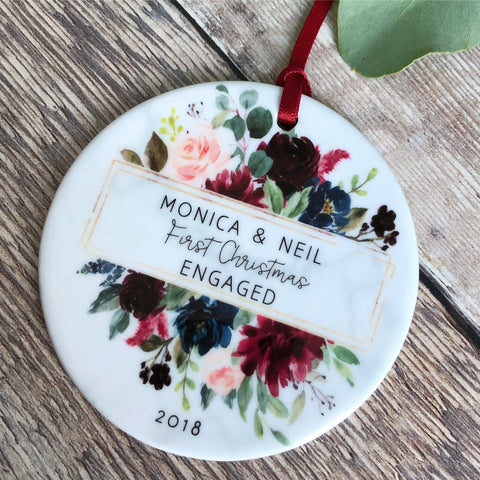 Personalised First Christmas Engaged Together Burgundy Floral Ceramic Ornament ... - Keepsake Decoration