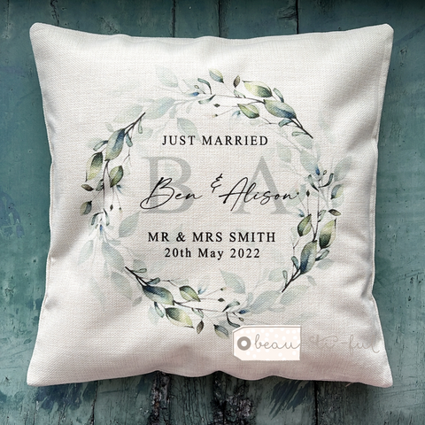 Personalised Just Married Mr Mrs Wedding Foliage Greenery Wreath Cushion cover