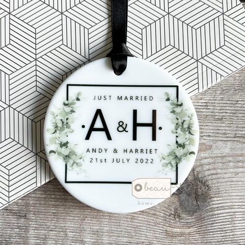 Personalised Just Married Mr & Mrs Wedding Eucalyptus Greenery Ceramic Ornament Keepsake