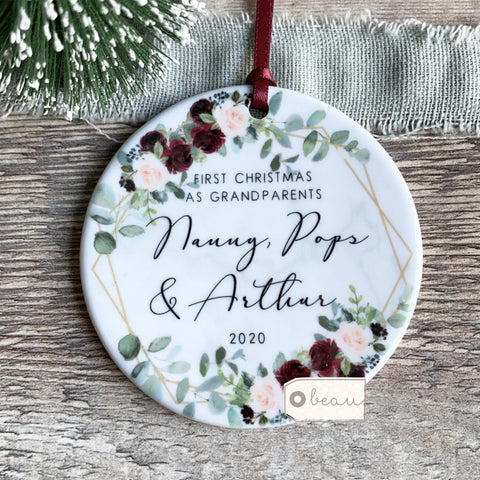 Personalised First Christmas as Grandparents Burgundy Geo Greenery Ceramic Round Decoration